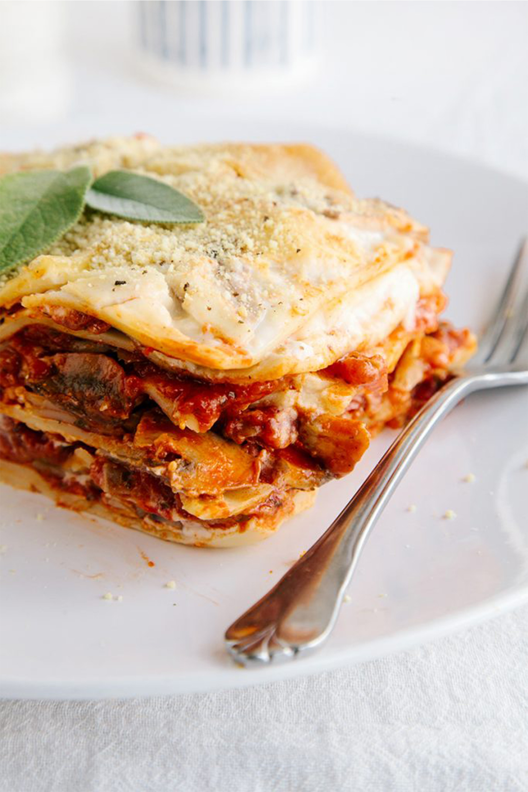 a slice of vegan mushroom lasagna