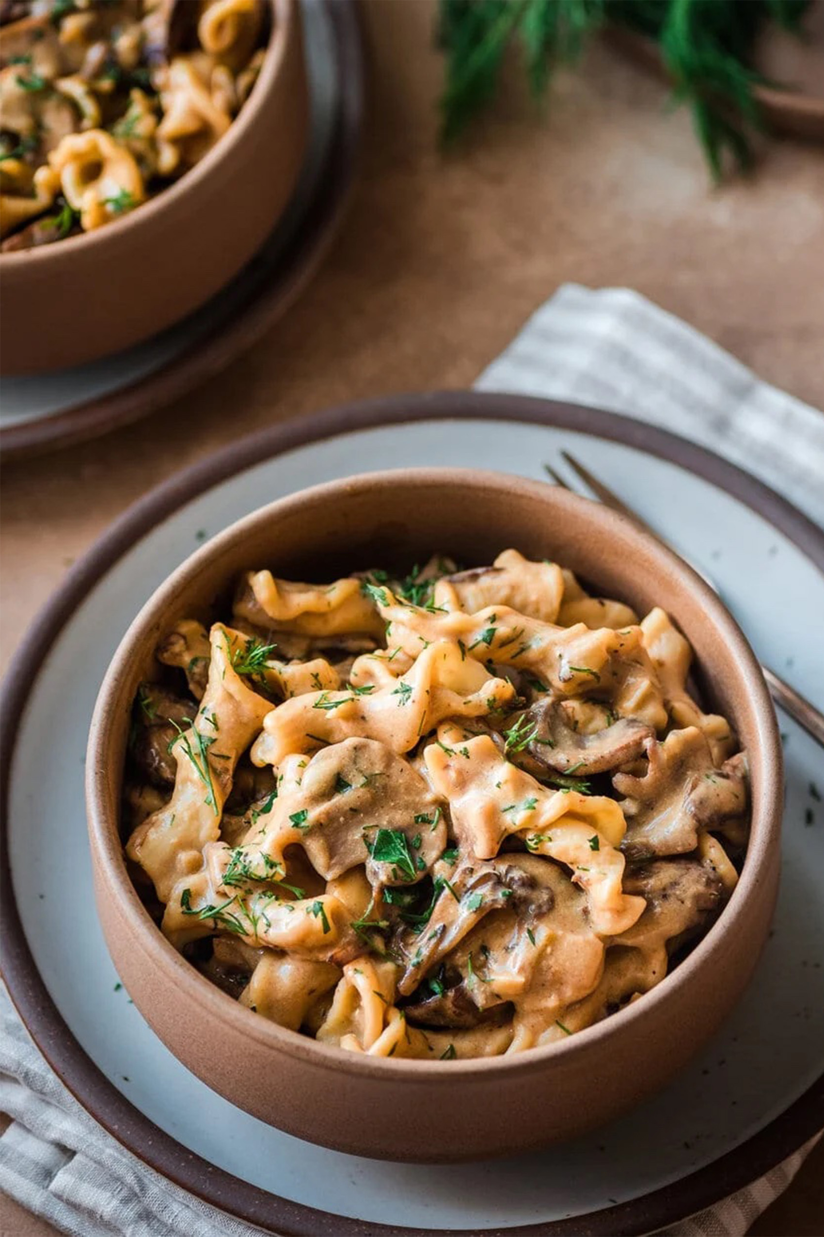 a bowl of vegan mushroom stroganoff