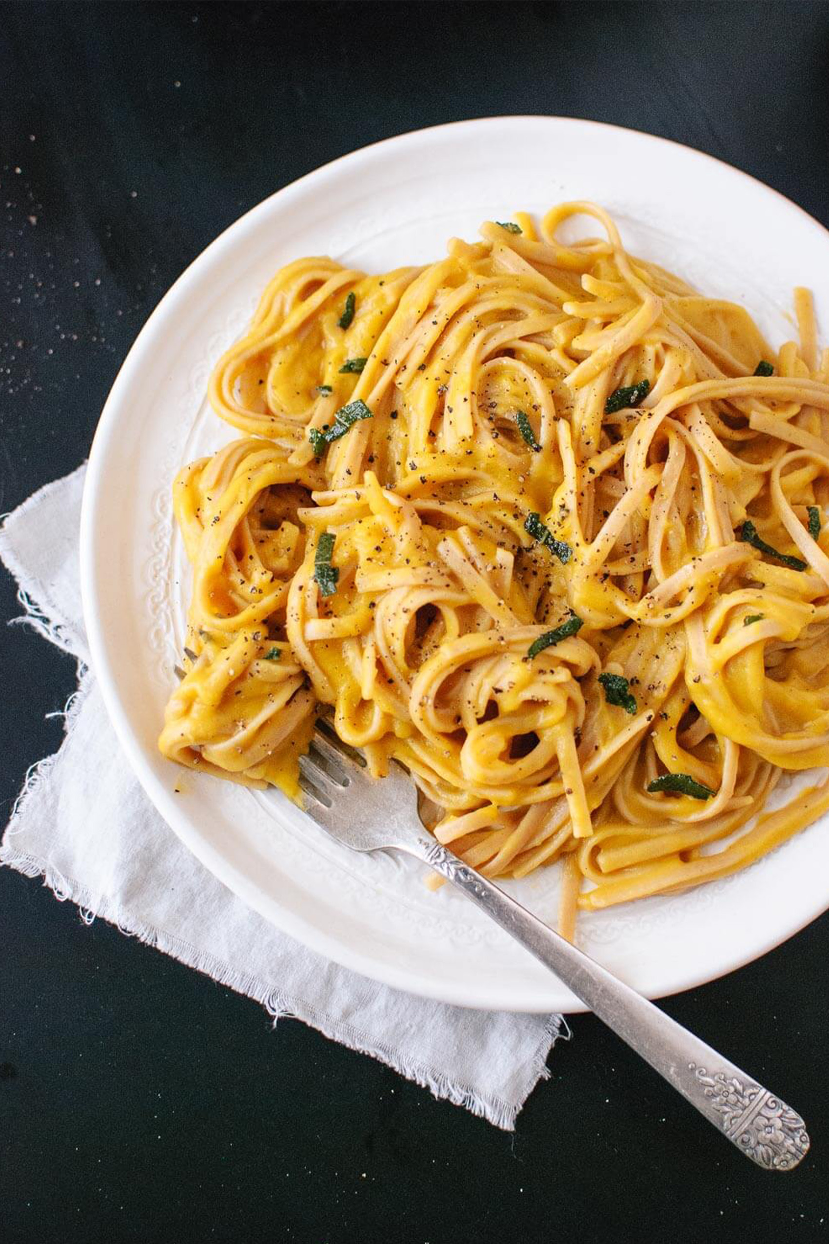 a plate of vegan butternut squash linguine