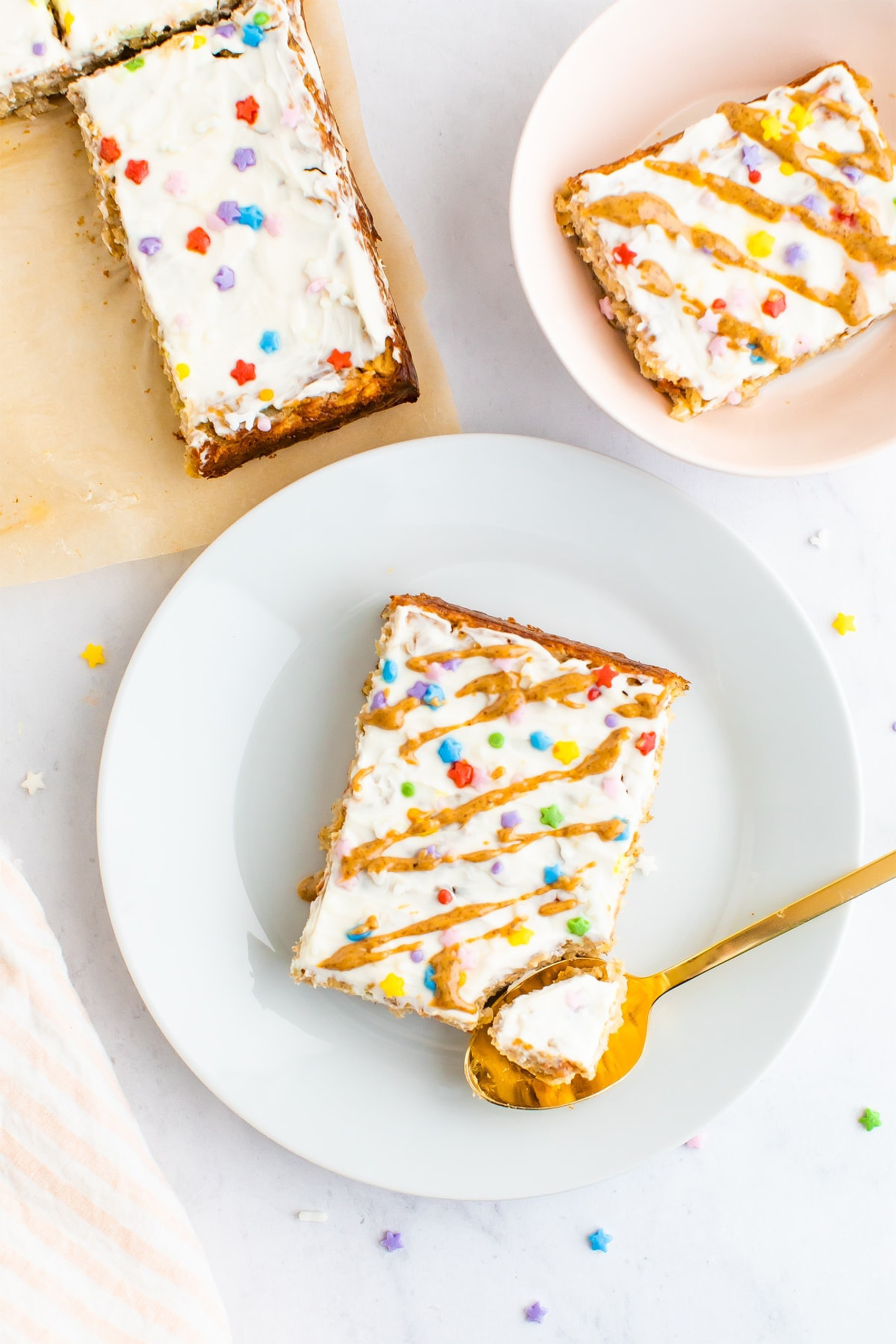 three slices of birthday cake baked oatmeal